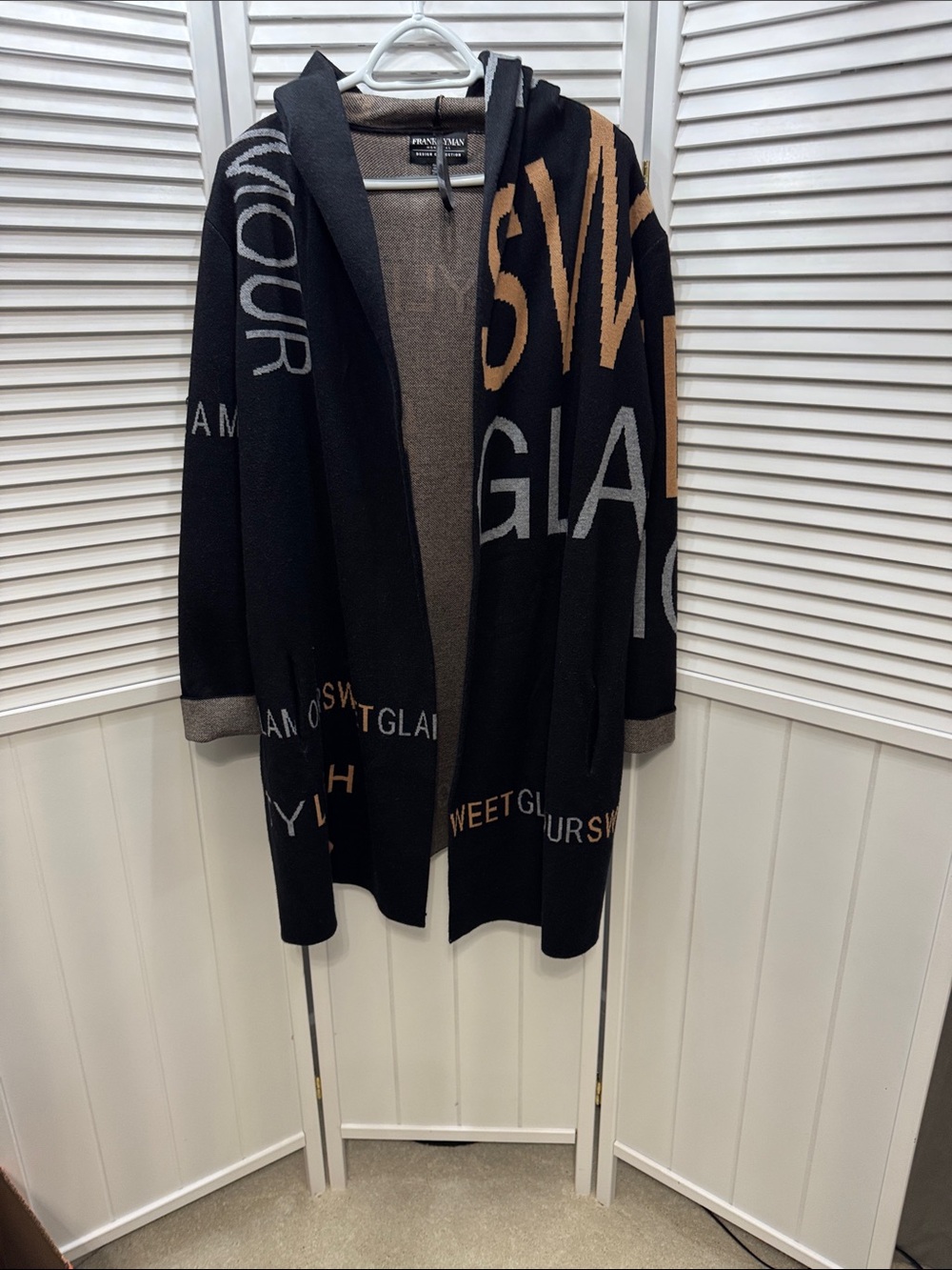 Frank Lyman Design Black Hooded Cardigan with Tan and Gray Lettering